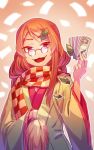  1girl blush brown_hair checkered checkered_scarf futatsuiwa_mamizou futatsuiwa_mamizou_(human) gap glasses japanese_clothes leaf leaf_on_head long_hair long_sleeves looking_at_viewer money open_mouth pom_pom_(clothes) red_eyes scarf simple_background smile solo touhou wide_sleeves yakumo_yukari zounose 