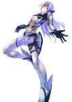  1girl android blue_hair breasts center_opening cleavage foreshortening highres koruse kos-mos leg_up long_hair looking_at_viewer outstretched_arm red_eyes solo standing_on_one_leg white_background xenosaga xenosaga_episode_ii 