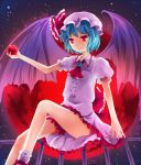  1girl apple blue_hair bow brooch food fruit hachimitsu_ame_(phoenix) hat hat_bow jewelry moon red_eyes red_moon red_nails short_hair solo touhou 