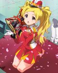  1girl artist_request barefoot blonde_hair blush boots drum emily_stuart idolmaster idolmaster_million_live! instrument kneeling long_hair looking_at_viewer official_art petals playing_instrument shoes_removed solo star twintails uniform violet_eyes 