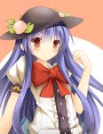  1girl blouse blue_hair bow food fruit hat highres hinanawi_tenshi leaf long_hair looking_at_viewer minamina peach puffy_short_sleeves puffy_sleeves raised_hand red_eyes short_sleeves simple_background smile solo touhou two-tone_background very_long_hair 