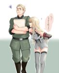  1boy 1girl anchor axis_powers_hetalia bismarck_(kantai_collection) blonde_hair blush cross crossover germany_(hetalia) green_eyes grey_legwear kantai_collection long_hair military military_uniform no_hat open_mouth personification sleeves_rolled_up thigh-highs translation_request uniform very_long_hair wink 