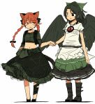  2girls :3 adapted_costume animal_ears bird_wings black_bra black_eyes black_wings boots bow bra braid cat_ears cat_tail extra_ears hair_bow holding_hands kaenbyou_rin leg_ribbon looking_at_another midriff multiple_girls navel open_mouth open_vest pointy_ears red_eyes redhead reiuji_utsuho shirt short_sleeves simple_background skirt skirt_set smile tail third_eye touhou twin_braids underwear white_background wings yudepii 