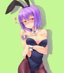  1girl animal_ears blush breast_hold breast_suppress breasts bunnysuit cleavage collarbone detached_collar fake_animal_ears full-face_blush green_background heart highres karaage_(ta-na) looking_away nagae_iku pantyhose parted_lips purple_hair rabbit_ears red_eyes shadow short_hair simple_background solo touhou wrist_cuffs 