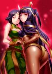  2girls argyle ass bangle black_hair blush bodysuit bracelet breasts bridal_gauntlets brown_gloves cape circlet cleavage fire_emblem fire_emblem:_kakusei frown gloves highres interlocked_fingers jewelry long_hair multiple_girls nail_polish noire_(fire_emblem) parted_lips short_hair skin_tight smile tharja tiara two_side_up violet_eyes zen 