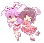  2girls akira_unoie animal_ears armband black_hair carrot chibi dress dress_shirt frown hand_on_hip inaba_tewi index_finger_raised jewelry lavender_hair long_hair long_sleeves looking_at_viewer multiple_girls open_mouth outline pendant pleated_skirt puffy_short_sleeves puffy_sleeves rabbit_ears red_eyes reisen_udongein_inaba shirt short_hair short_sleeves simple_background skirt tie_clip touhou white_background wink 