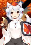  1girl animal_ears blush buckler detached_sleeves fingerless_gloves gloves hat inubashiri_momiji leaf open_mouth over_shoulder red_eyes shield short_hair silver_hair solo sword tail tokin_hat touhou wara_(warapro) weapon weapon_over_shoulder wolf_ears wolf_tail 