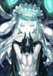  1girl cape fingersmile gloves glowing glowing_eyes green_eyes hat highres kantai_collection leung_ka_che long_hair navel open_mouth pale_skin shinkaisei-kan smile solo teeth wo-class_aircraft_carrier 