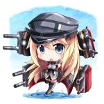  1girl bismarck_(kantai_collection) blonde_hair blue_eyes blush breasts brown_gloves cannon chibi detached_sleeves gasuto_(kamikami) gloves grey_legwear hat kantai_collection long_hair military military_hat military_uniform peaked_cap personification solo thigh-highs turret uniform 