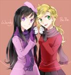  bebe_stevens black_hair blonde_hair egg gloves green_eyes hat jacket long_hair scarf shiron2611 smile south_park violet_eyes wendy_testaburger 