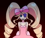  1girl arms_behind_back bare_shoulders blonde_hair blue_eyes bow crazy dress drill_hair empty_eyes eyepatch hair_bow harime_nui kill_la_kill long_hair smile solo strapless_dress twin_drills twintails wata_do_chinkuru 