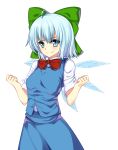  1girl ahoge arms_up blue_eyes blue_hair bow cirno hair_bow looking_at_viewer short_hair short_sleeves simple_background skirt skirt_set solo touhou white_background wings yabu_q 