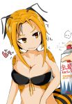  1girl absurdres antennae bee_girl blonde_hair breasts bug_spray cleavage gaju_(akia73) highres insect_girl large_breasts monster_girl original short_hair simple_background white_background yellow_eyes 