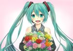  1girl bouquet detached_sleeves flower green_eyes green_hair hatsune_miku headset long_hair open_mouth solo tomozero twintails very_long_hair vocaloid 