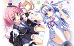  2girls :3 :d animal_ears blue_hair breasts cat copyright_request green_eyes gun hat legs mini_top_hat multiple_girls necktie open_mouth pink_eyes pink_hair pistol rabbit_ears smile solo tagme tenmaso thigh-highs top_hat v weapon white_legwear 