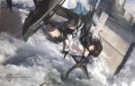  1girl boat brown_eyes brown_hair falling highres pixiv_fantasia_fallen_kings scarf solo swd3e2 sword thigh-highs water weapon 
