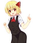  1girl arms_up ascot blonde_hair fingernails hair_ribbon index_finger_raised looking_at_viewer open_mouth red_eyes ribbon rumia short_hair short_sleeves simple_background skirt skirt_set solo touhou white_background yabu_q 
