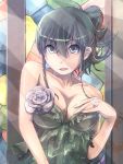  1girl alternate_hairstyle bare_shoulders breasts cleavage collarbone flower green_eyes green_hair hair_ornament hairclip kantai_collection open_mouth pasteljam personification rose short_hair sleeveless solo suzuya_(kantai_collection) white_rose 