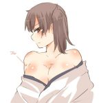  1girl blush breasts brown_eyes brown_hair cleavage japanese_clothes kaga_(kantai_collection) kantai_collection lowres personification rebecca_(keinelove) short_hair side_ponytail solo sweatdrop 