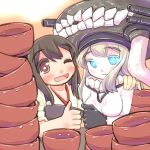  2girls akagi_(kantai_collection) aqua_eyes blush bodysuit bowl brown_eyes brown_hair cannon gloves glowing glowing_eyes hat japanese_clothes kantai_collection long_hair multiple_girls open_mouth pale_skin personification rice shinkaisei-kan short_hair sleeves_rolled_up smile suizennji teeth turret weapon wink wo-class_aircraft_carrier 