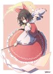  1girl absurdres bow brown_hair detached_sleeves gohei hair_bow hair_tubes hakurei_reimu highres long_sleeves looking_at_viewer open_mouth red_eyes shirt signature skirt skirt_set solo spell_card touhou wide_sleeves yutamaro 