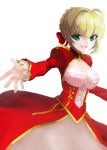  1girl ahoge blonde_hair breasts dress epaulettes fate/extra fate_(series) green_eyes hair_ribbon red_dress ribbon saber_extra solo suraro-pu 