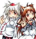  2girls animal_ears bare_shoulders blush breasts brown_hair detached_sleeves fang happy hat highres imaizumi_kagerou inte_(whitewolftail) inubashiri_momiji long_hair looking_at_viewer multiple_girls open_mouth red_eyes short_hair silver_hair tokin_hat touhou v wolf_ears 