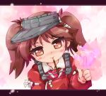  1girl blush brown_eyes brown_hair heart heart-shaped_pupils kantai_collection letterboxed looking_at_viewer mouth_hold pocky ryuujou_(kantai_collection) short_hair smile solo symbol-shaped_pupils twintails visor_cap zipang 