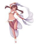  1girl :d arm_up armlet bare_legs barefoot breasts brown_hair dancer dark_skin dev hair_between_eyes highres navel open_mouth original sash shiny shiny_skin simple_background smile solo white_background yellow_eyes 