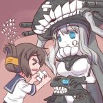  2girls aqua_eyes bodysuit brown_hair cannon cape closed_eyes flying_sweatdrops gloves glowing glowing_eyes hat inazuma_(kantai_collection) kantai_collection long_hair multiple_girls open_mouth personification sailor_dress shinkaisei-kan short_hair short_sleeves silver_hair suizennji turret weapon wo-class_aircraft_carrier 
