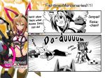  3girls armor breasts cleavage cleavage_cutout comic corona_cougar cosmic_break eating food green_eyes midriff morizo_cs multiple_girls official_art onigiri orange_hair rinka_lynx sleeping stella_caracal weapon zzz 