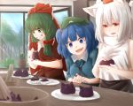  3girls food food_on_face inubashiri_momiji kagiyama_hina kawashiro_nitori kneading multiple_girls smile terimayo touhou 