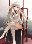  1girl bare_shoulders black_shoes brown_eyes chair china_dress chinese_clothes cleavage_cutout crossed_legs elbow_gloves fan gloves hair_ribbon hand_in_hair indoors kasugano_sora long_hair ribbon sdg19881022 silver_hair sitting small_breasts solo thigh-highs twintails white_legwear yosuga_no_sora 