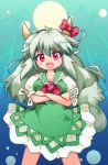  1girl blush bow breasts crossed_arms ex-keine green_hair horn_ribbon horns kamishirasawa_keine long_hair looking_at_viewer open_mouth red_eyes ribbon smile solo tail touhou zipang 