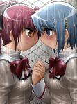  2girls blue_eyes blue_hair blush brown_eyes chain-link_fence eye_contact hair_ornament hairclip holding_hands long_hair looking_at_another mahou_shoujo_madoka_magica maroon_hair miki_sayaka multiple_girls ponytail profile rain sakura_kyouko school_uniform shingyouji_tatsuya short_hair smile symmetry wet yuri 