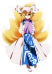  1girl blonde_hair dress fox_tail hands_in_sleeves hat hat_with_ears light_smile looking_at_viewer nakukoroni no_shoes ofuda short_hair simple_background solo tabard tail tassel touhou white_background wink yakumo_ran yellow_eyes 