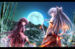  2girls bamboo bamboo_forest bow branch brown_eyes forest fujiwara_no_mokou full_moon hair_bow hair_ribbon hands_on_hips highres houraisan_kaguya husky_(artist) jeweled_branch_of_hourai letterboxed long_hair long_sleeves looking_at_viewer looking_back moon mountain multiple_girls nature night pants purple_hair red_eyes ribbon shirt short_sleeves silver_hair skirt sky star_(sky) starry_sky suspenders touhou tress_ribbon very_long_hair wide_sleeves 