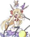  2girls =_= balancing ball belt blonde_hair blush_stickers bow chain clone cuffs fighting_stance hair_bow horn_ribbon horns ibuki_suika kenii long_hair minigirl multiple_girls on_head open_mouth ribbon torn_clothes torn_sleeves very_long_hair wrist_cuffs yellow_eyes 