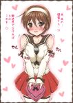  1girl blush breast_squeeze breasts brown_eyes brown_hair hairband heart kantai_collection large_breasts looking_at_viewer natori_(kantai_collection) open_mouth short_hair sleeves_past_wrists solo translated uzura_no_tamago_(yudeuzutama) valentine 