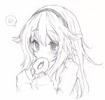  1girl blush doughnut eating heart kiyomin long_hair monochrome simple_background sketch solo spoken_heart white_background 