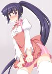  1girl akatsuki_(log_horizon) alternate_costume apron apron_tug blush embarrassed highres ike_masato log_horizon long_hair looking_at_viewer ponytail purple_hair ribbon solo tears thigh-highs violet_eyes waitress wavy_mouth 