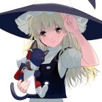  1girl blonde_hair blush cat dress hat kirisame_marisa long_hair looking_at_viewer masao puffy_sleeves short_sleeves simple_background smile solo touhou white_background witch_hat yellow_eyes 