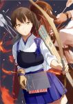  akagi_(kantai_collection) archery arrow back-to-back blush bow_(weapon) brown_eyes brown_hair fire flight_deck hakama_skirt japanese_clothes kaga_(kantai_collection) kantai_collection kyuudou long_hair muneate panda_(pandadesu) personification petals quiver short_hair side_ponytail single_glove skirt weapon yugake 