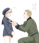  1boy 1girl axis_powers_hetalia blonde_hair crossover germany_(hetalia) green_eyes hat kantai_collection long_sleeves military military_uniform open_mouth personification sailor_dress sailor_hat short_hair silver_hair translation_request uniform z1_leberecht_maass_(kantai_collection) 