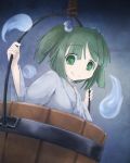  1girl blue_background bucket gradient gradient_background green_eyes green_hair hair_bobbles hair_ornament hidarikata hitodama in_bucket in_container japanese_clothes kimono kisume looking_at_viewer short_hair simple_background smile solo touhou twintails 