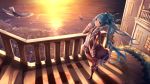  1girl aquariumtama bag bird blue_hair boots feathers hair_ribbon hatsune_miku long_hair railing ribbon skirt solo stairs sunset very_long_hair vocaloid water 