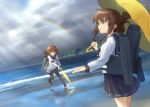  2girls brown_hair cannon closed_eyes clouds fang ikazuchi_(kantai_collection) inazuma_(kantai_collection) kantai_collection kuro_oolong long_sleeves multiple_girls ocean open_mouth rainbow school_uniform short_hair skirt sky sleeves_rolled_up turret umbrella weapon yellow_eyes 