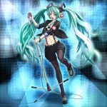  1girl armband bracelet green_eyes green_hair hatsune_miku headphones jewelry long_hair microphone microphone_stand navel necktie open_mouth pantyhose shorts solo spraywork suspenders twintails very_long_hair vocaloid 