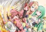  2girls aqua_eyes armor athena_(p&amp;d) blonde_hair elbow_gloves gloves green_hair hairband long_hair minerva_(p&amp;d) multiple_girls puzzle_&amp;_dragons red_eyes shield sword tailam weapon wings 