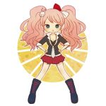  1girl ayu_(mog) blue_eyes boots bow breasts cleavage dangan_ronpa enoshima_junko freckles hair_ornament hand_on_hip long_hair necktie open_mouth pink_hair school_uniform skirt sleeves_rolled_up smile solo twintails 